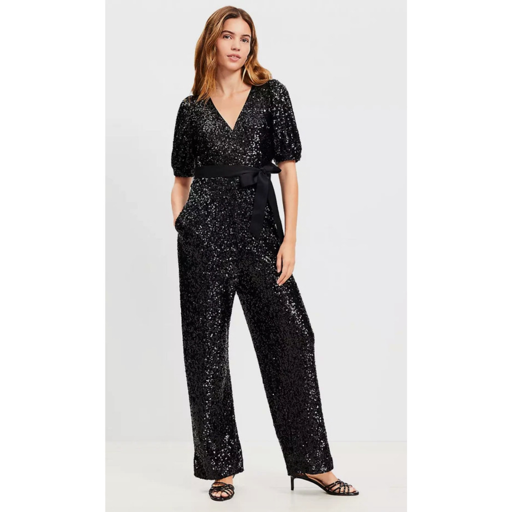 NEW ANN TAYLOR LOFT BLACK SEQUIN TIE WAIST JUMPSUIT SZ 0